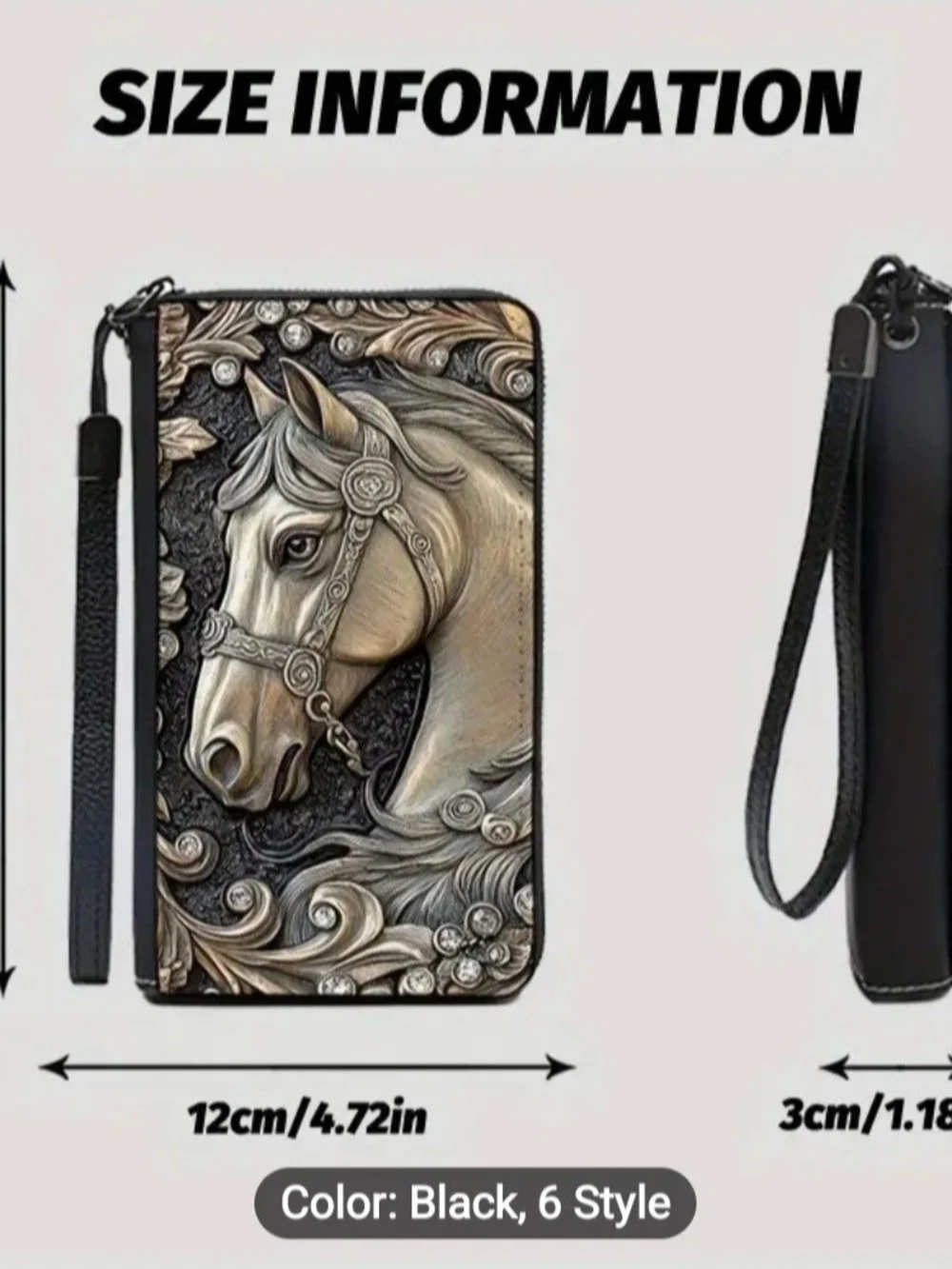 Horse Embossed Relief Full Zip Multi-Card Wallet/Phone Case W/Wristlet Strap